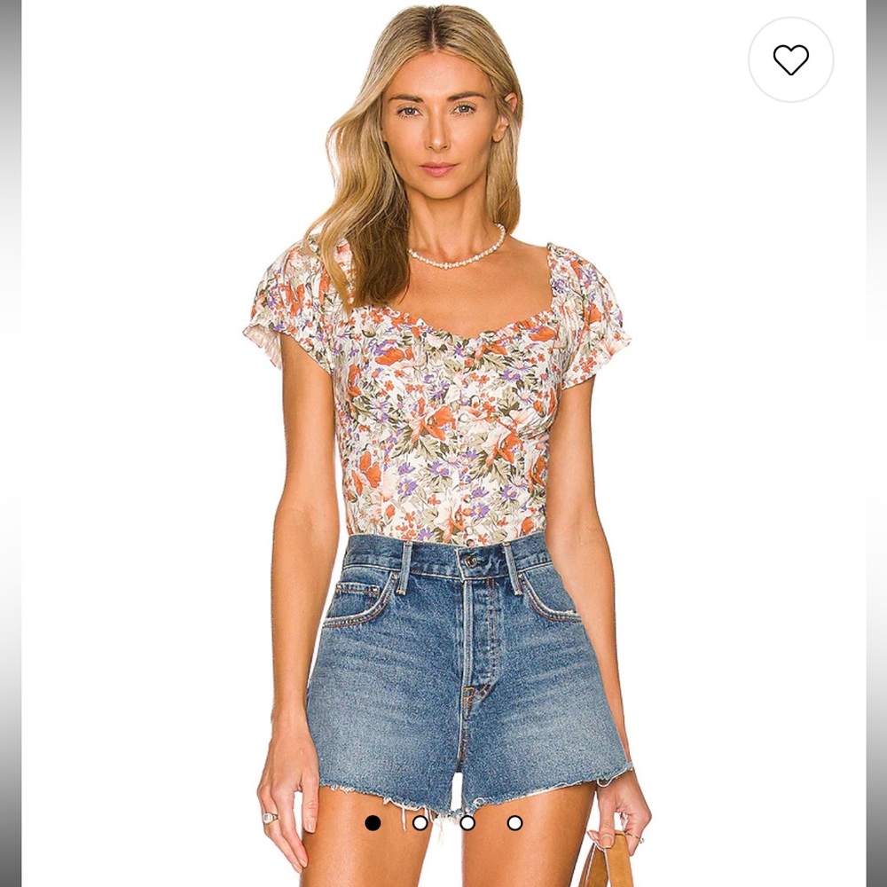Heartloom Floral Square-Neck Puff Sleeve Top in Ivory, Orange, Lavender